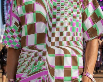Pastel Checkererd Oversized Cotton T Shirt, Y2K Rave Shirt, VaporwaveFestival Outfit