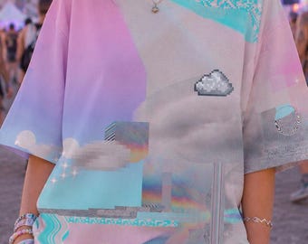 Dreamcore Oversized T-Shirt, Frutiger Aero Graphic Tee, Vaporwave Festival Top, Dopamine Clothing