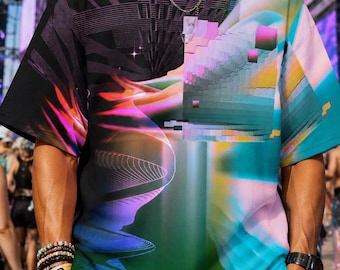 Abstract Gradient AOP Shirt, Cyber Dreamscape Oversized Tee, Vaporwave Festival Top