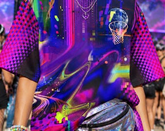 Neon Vaporwave AOP Shirt, Cyber Streetwear Tee, Purple Pink Blue Synthwave Festival Top