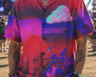 Neon City Dash Arcade Shirt: Pixel Art Synthwave Button Up