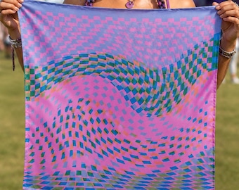 Pink Optical Rave Bandana, Warped Checkerboard Festival Scarf, Pastel Trippy Head Scarf, EDM Accessory