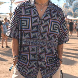 Greek Labyrinth Button-Up Shirt, Psychedelic Geometric Rave Festival Top