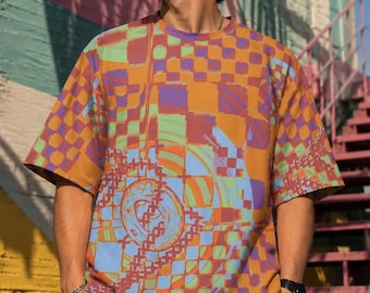 Orange Psychedelic Oversized Tee, Retro Abstract Art Shirt, Vaporwave Festival Clothing