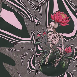 Skeleton Gothic Hawaiian Shirt, Dark Romance Psychedelic Button Up, Oversized Festival Rave Shirt