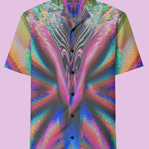 Rainbow Psychedelic Button-Up Shirt, Rave Holographic Button-Down Shirt, Trippy Festival Clothes, Cyberpunk Boho Outfit, Partywear Blouse