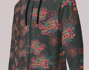 Sudadera con capucha y cremallera con diseño de dragón psicodélico, chaqueta para festivales rave.