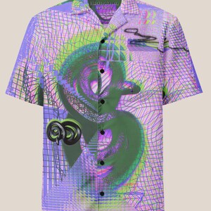 May include: A purple short-sleeved button-down shirt with a colorful abstract print featuring a snake, geometric shapes, and the text "blacksnake eye by kacix".
