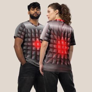 Neon Red Techno Rave T-Shirt, Cyberpunk EDM Festival T Shirt, Edgy Geometric V-Neck, Futuristic Statement Techwear
