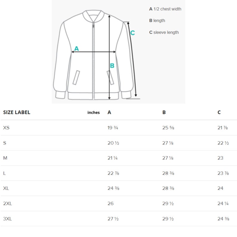Puede incluir: Tabla de tallas para una chaqueta con medidas en pulgadas para la mitad del ancho del pecho, la longitud y la longitud de la manga. Las tallas incluyen XS, S, M, L, XL, 2XL y 3XL.