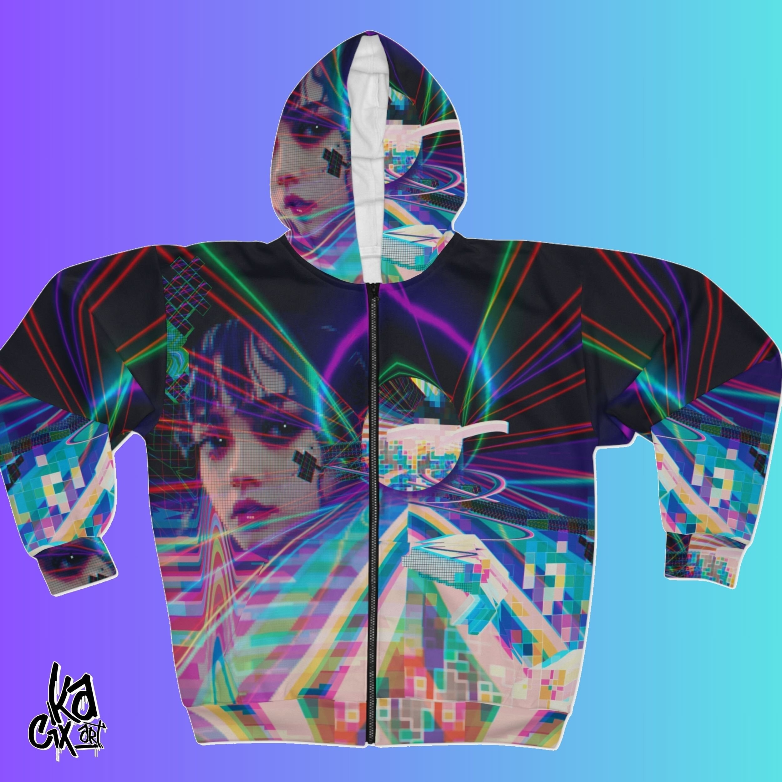 Japanese Gamer Girl Hoodie Full Zip Up Oversized Hoodie Gift For Gamer, Vaporwave Cyberpunk Clothing