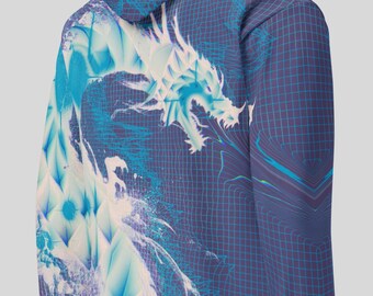 Blue Techno Dragon Hoodie, Rave Techwear Pullover, Japanese Urban Streetwear, Edgy Cyberpunk EDM Clothing, Statement Plus Size Wyrm Hoodie