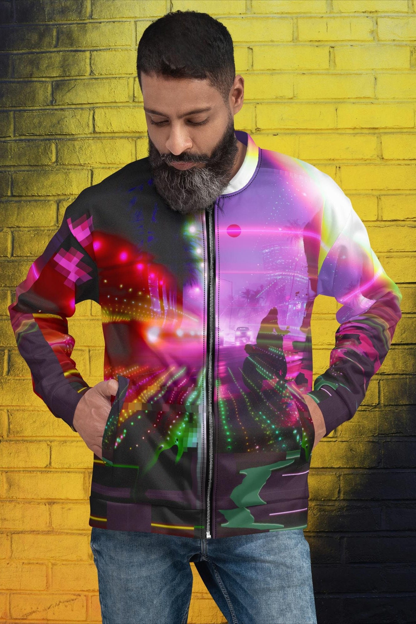 RAVEジャケット Neon Synthwave Bomber Jacket Techno Cyber Festival Jacket Unisex