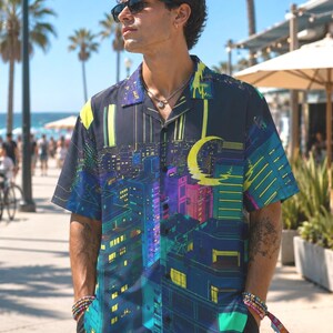 Anime Cityscape Hawaiian Shirt, Neon Crescent Moon Button-Up, Oversized Cyberpunk Streetwear
