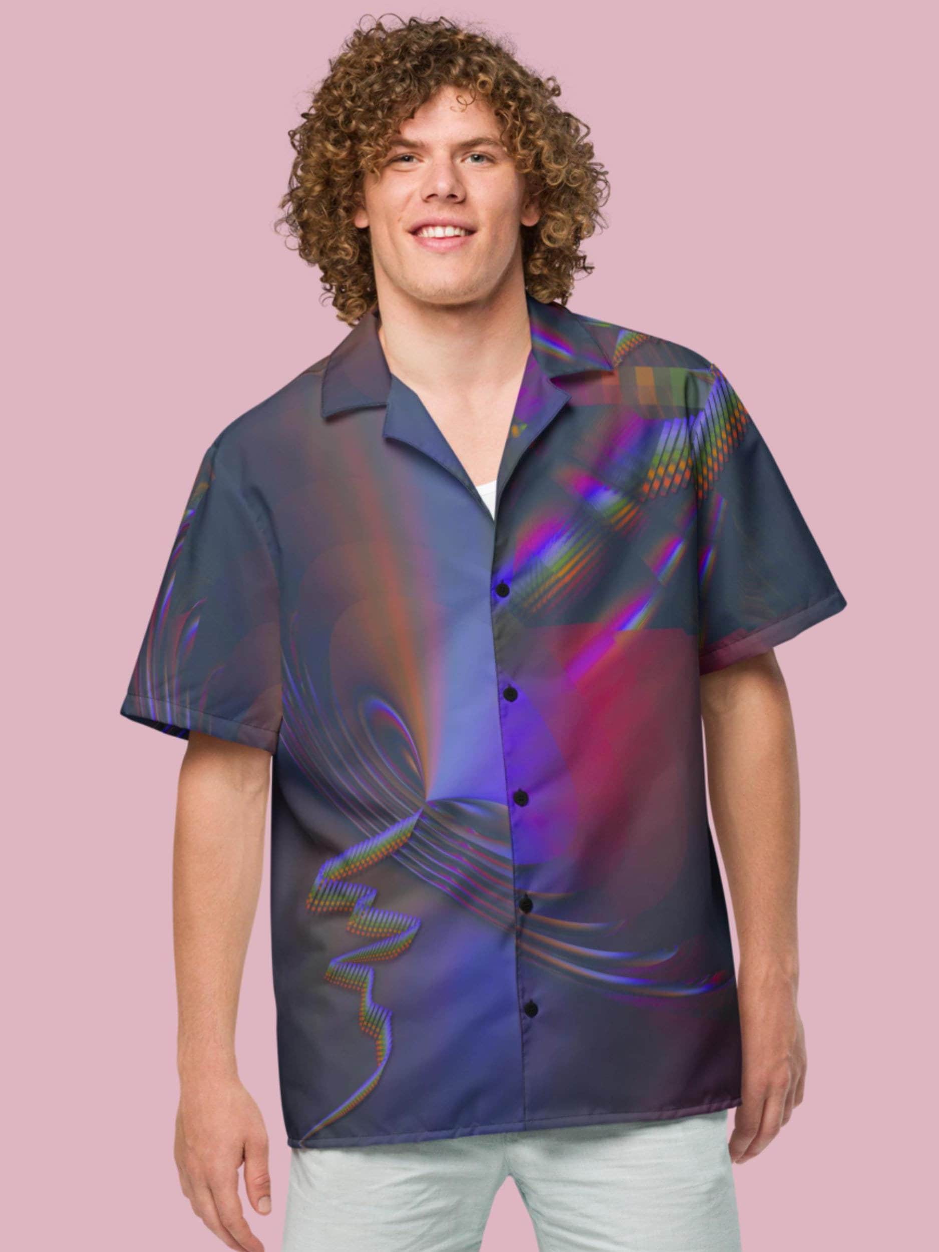 Neon Glitch Button Down Shirt, Trippy EDM Festival Outfit, Rave