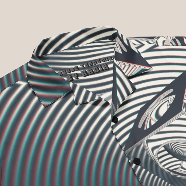 May include: A black and white button-up shirt with a psychedelic pattern. The shirt has a collar and a button closure. The text "ACID TRANSMISSIONS BY HACKH" is printed on the inside of the collar.