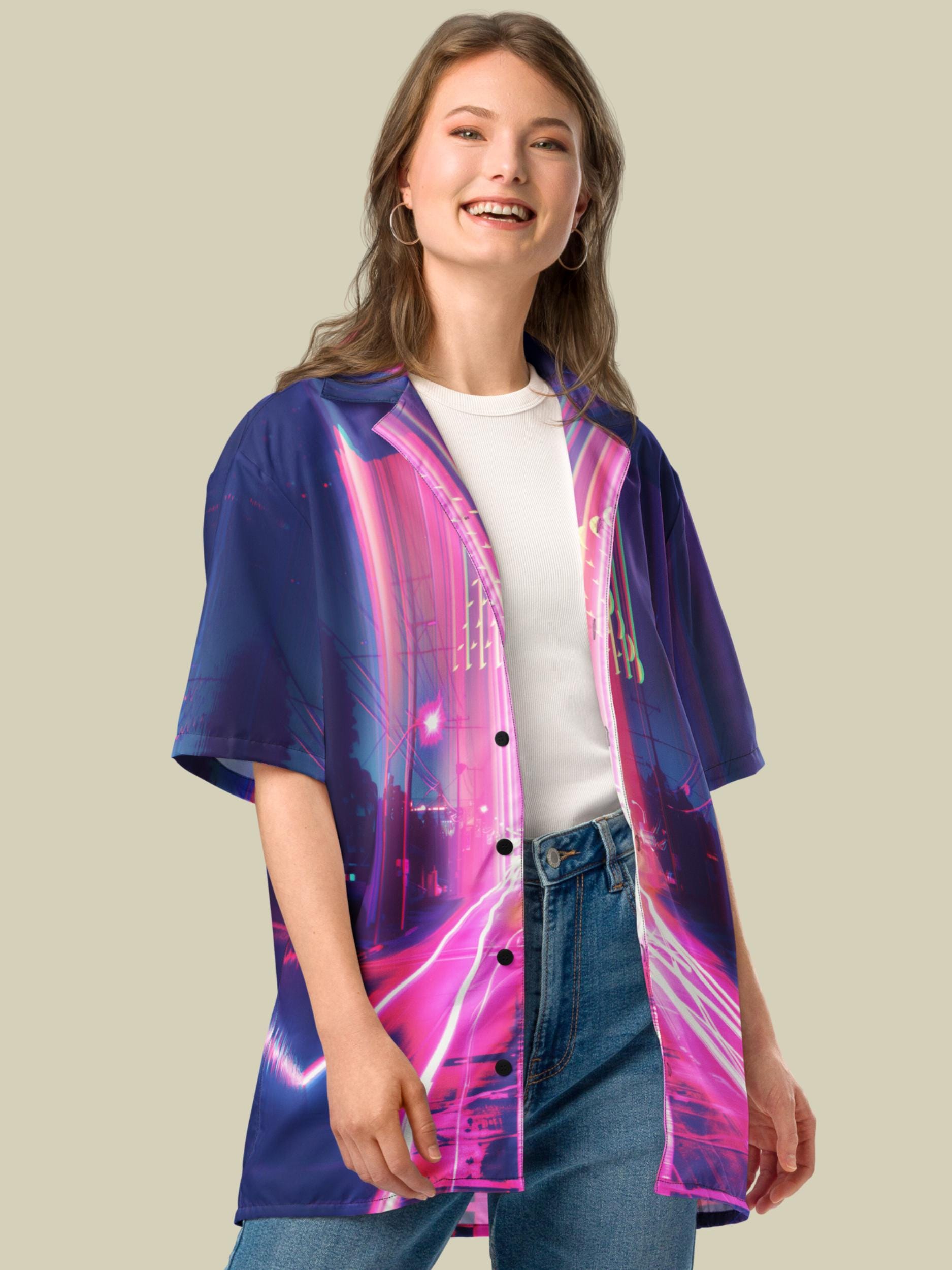 Neon Cyberpunk Button up Shirt, Trippy Rave Hawaiian Shirt