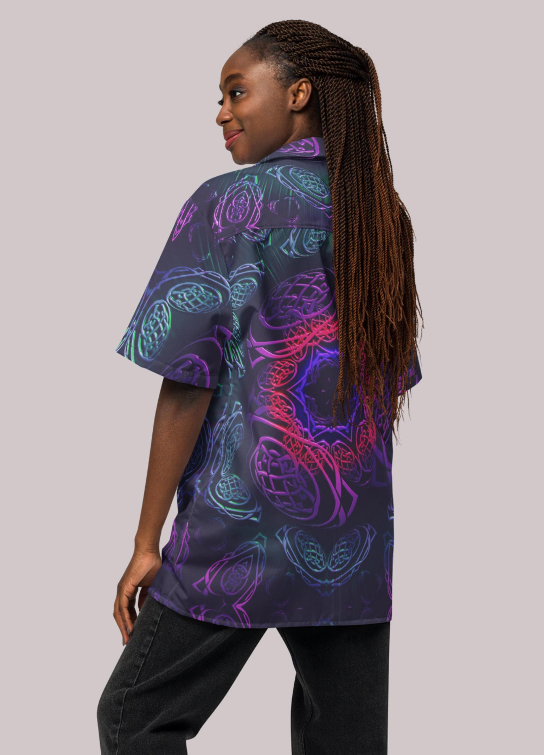 Neon Sacred Geometry Hawaiian Shirt, Techno EDM Party Outfit, Dark