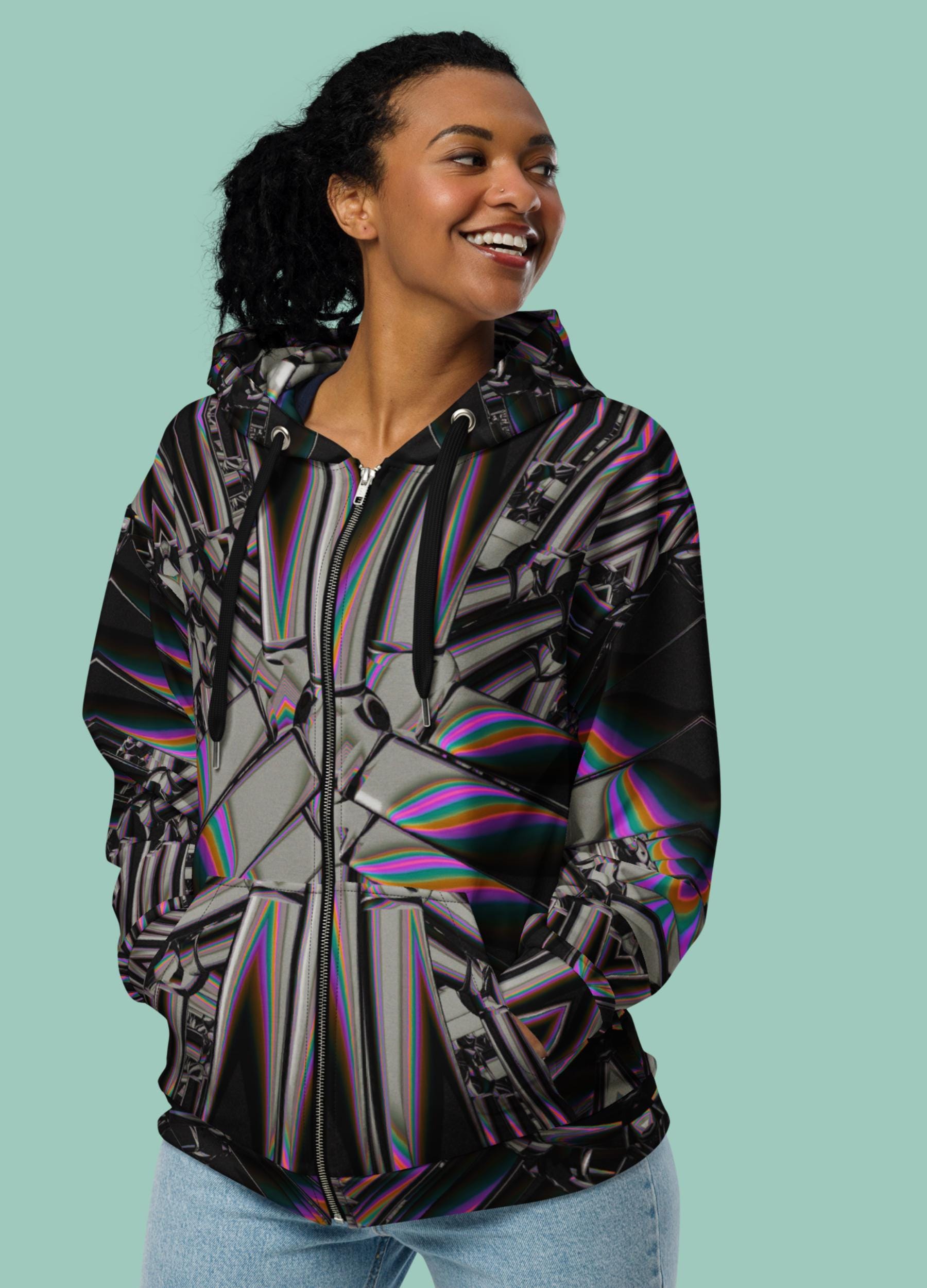 Dark Techno Zip up Hoodie, Neon Rave Festival Jacket, Techwear