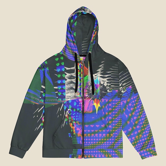 Glitchcore Spiky Heart Zip Hoodie: All Over Print Y2K Cyberpunk 