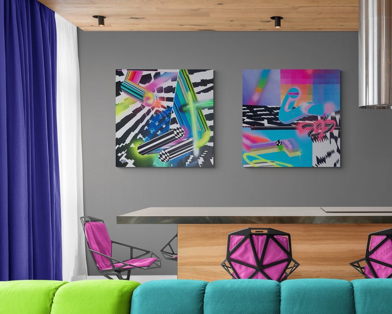Abstract Wall Art Set Of 2, Pop Art Painting, Retro Living Room Wall Art image 2