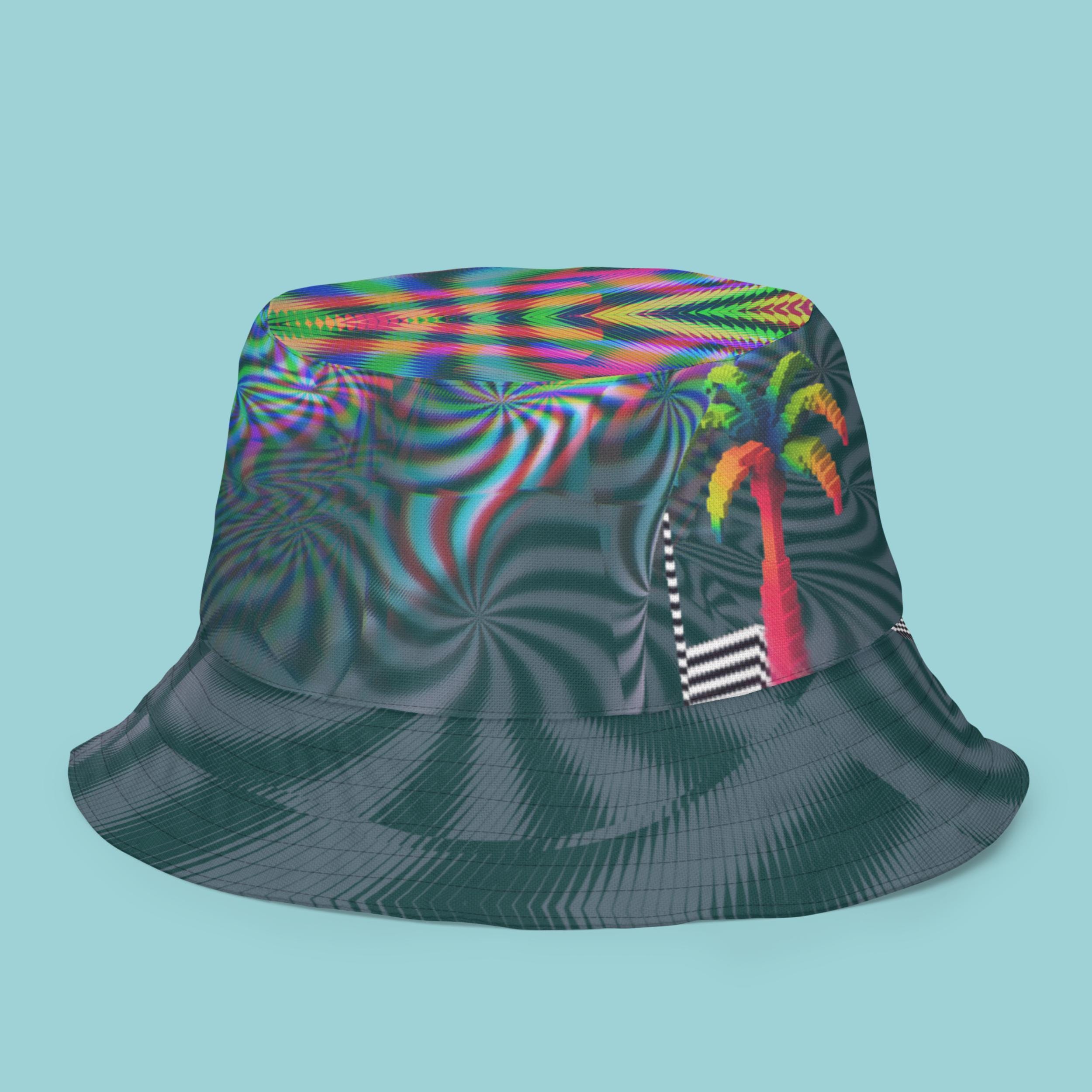 Vaporwave Glitch Palm Bucket Hat, Trippy Tropical Beach Accessory