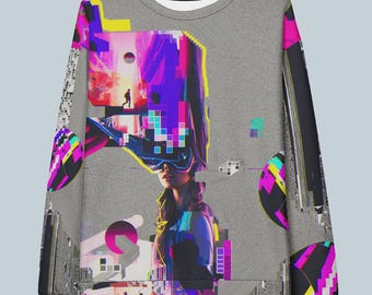 VR × CYBERPUNK CREWNECK / GREY　M Cyberpunk VR Glich Art Sweatshirt, Neon Pixel Gaming
