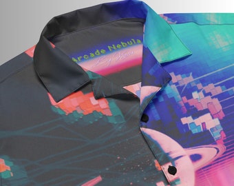 Arcade Pixel Art Button Down Shirt Gift For Gamer Space Hawaiian Shirt Vaporwave Button Up Shirt Retro Futurism Rave EDM Clothes