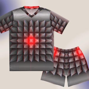 May include: A gray and red geometric patterned t-shirt and shorts set. The pattern is made up of small, pointed shapes that create a 3D effect. The shirt has a v-neck and short sleeves. The shorts have an elastic waistband.