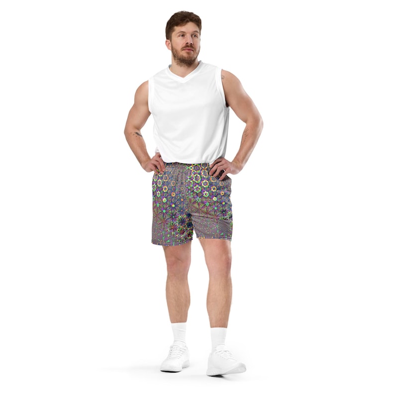 Unisex Rave Festival Mesh Shorts, Sacred Geometry EDC Outfit, Neon Techno Shorts