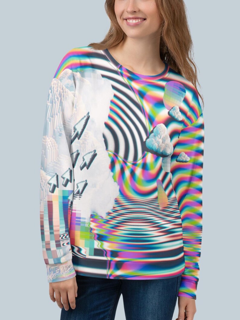 Retro Glitch Statement Sweatshirt, Trippy Vaporwave Festival Pullover, Frutiger Aero Shirt, 90s Computer Graphic Sweater