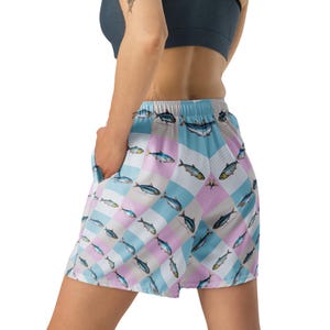 Pastel Fish Checkerboard Shorts – Retro Sardines Ocean Print Swim Trunks, Lightweight Unisex Summer Activewear