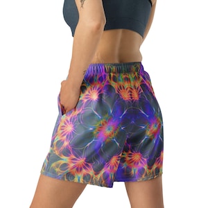 Psychedelic Flower Rave Shorts, Trippy Festival Swim Trunks, Unisex Neon Activewear, EDM Summer Beachwear