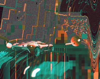 Cyberpunk Glitch Art Poster – Futuristic Cityscape Wall Art, Digital Tech Art Print, Neon Sci-Fi Statement Decor