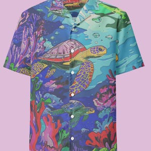 Vibrant Sea Turtle Hawaiian Shirt, Ocean Coral Button Up, Tropical Vacation Beach Button Down Shirt, Y2K Festival Outfit, Turtle Lover Gift