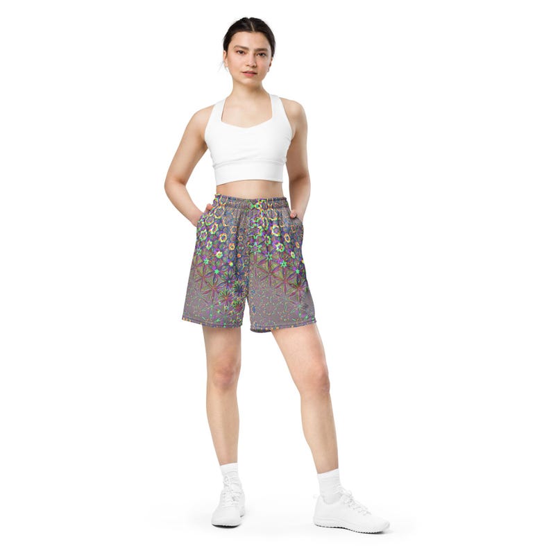 Unisex Rave Festival Mesh Shorts, Sacred Geometry EDC Outfit, Neon Techno Shorts