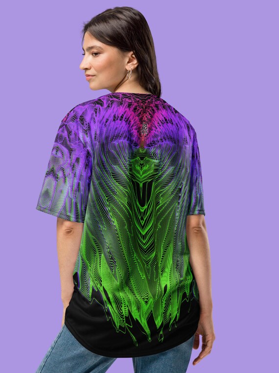 Neon Green Purple Streetwear Baseball Jersey Rave Button up Shirt