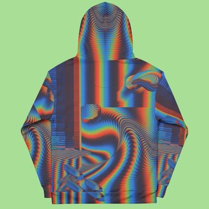 May include: A blue, red and orange hooded sweatshirt with a psychedelic, abstract pattern.