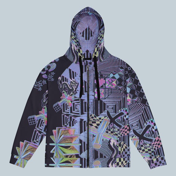 Glitchcore Dragon Zip up Hoodie, Rave Jacket, Trippy Y2K Techwear 