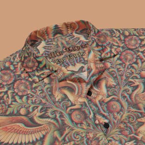 Griffin Button-Up Shirt, Medieval Tapestry Button-Down, Gryphon Hawaiian Shirt, Mythic Fantasy Festival Wear, Rennaisance Oversized Blouse