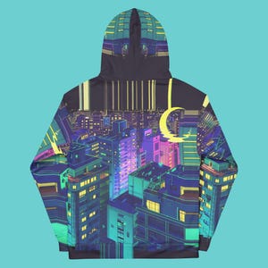 Dark Tokyo Hoodie Anime Crescent Moon Shirt Cyber Cityscape Sweatshirt Japanese Urban Streetwear Vaporwave Manga Pullover Hoodie