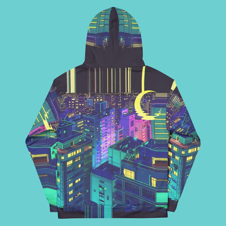 Dark Tokyo Hoodie Anime Crescent Moon Shirt Cyber Cityscape Sweatshirt Japanese Urban Streetwear Vaporwave Manga Pullover Hoodie