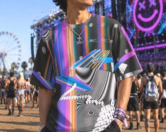 Rainbow Space Warp Oversized Cotton T-Shirt, Vaporwave AOP Shirt