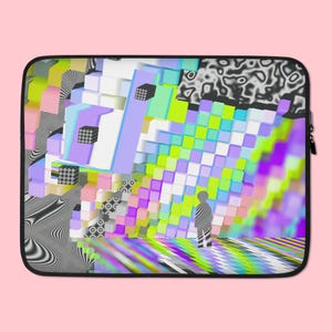 May include: A laptop sleeve with a colorful abstract design featuring a person standing in front of a wall of colorful cubes. The design is reminiscent of a glitch or pixelated image.