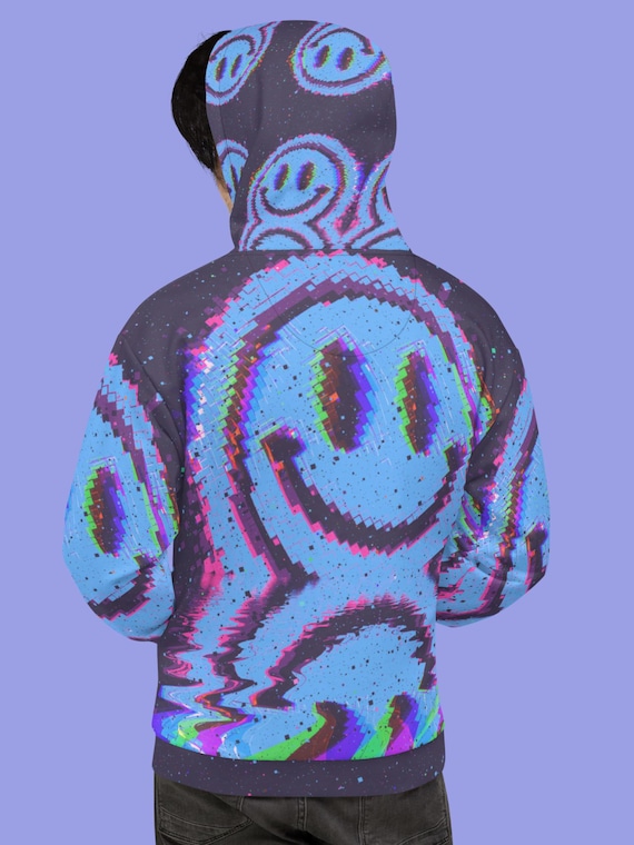 Trippy Smiley Face Hoodie Glitch Pixel Art Shirt Neon Cyberpunk