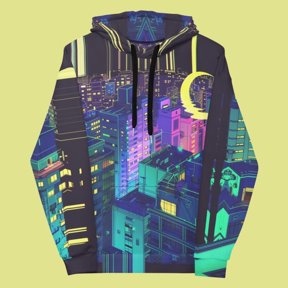 Dark Tokyo Hoodie Anime Crescent Moon Shirt Cyber Cityscape Sweatshirt Japanese Urban Streetwear Vaporwave Manga Pullover Gift For Friend