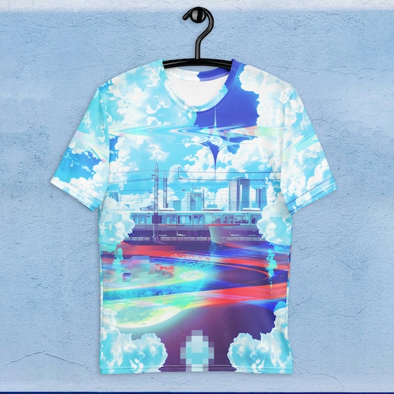 Blue Futuristic Men's Shirt AOP Cyber Tee Urban Streetwear TShirt Sci Fi Graphic Tee Rave EDM Top