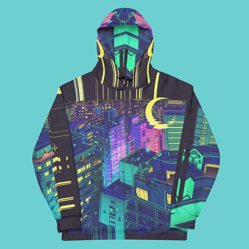 Dark Tokyo Hoodie Anime Crescent Moon Shirt Cyber Cityscape Sweatshirt Japanese Urban Streetwear Vaporwave Manga Pullover Hoodie