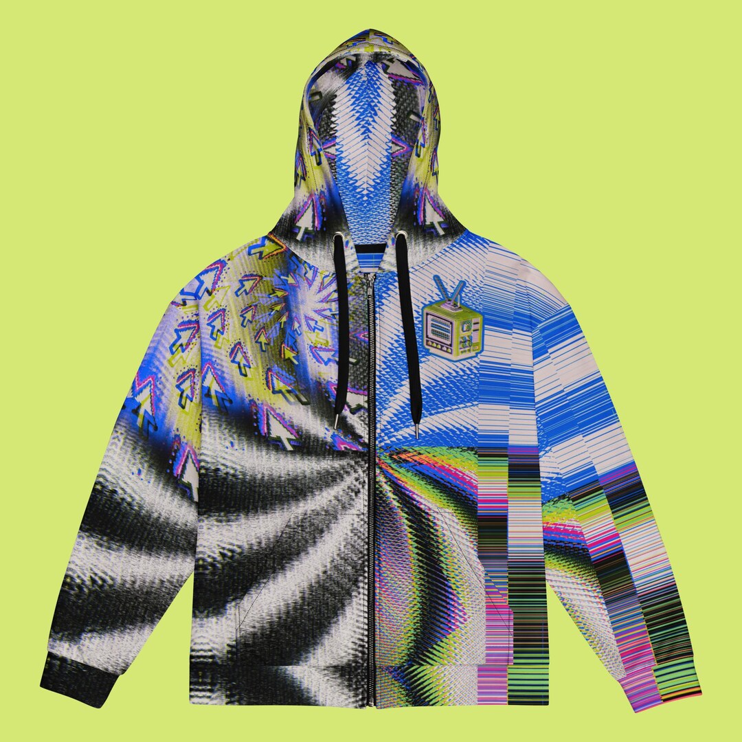 Trippy 90s Nostalgia Zip up Hoodie, Retro Techwear Rave Jacket