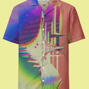 May include: Short-sleeved button-down shirt with a vibrant, abstract design. The shirt features a colorful pattern with shades of blue, pink, green, and yellow. The text "solarpunk; dust by jacu" is printed on the collar.